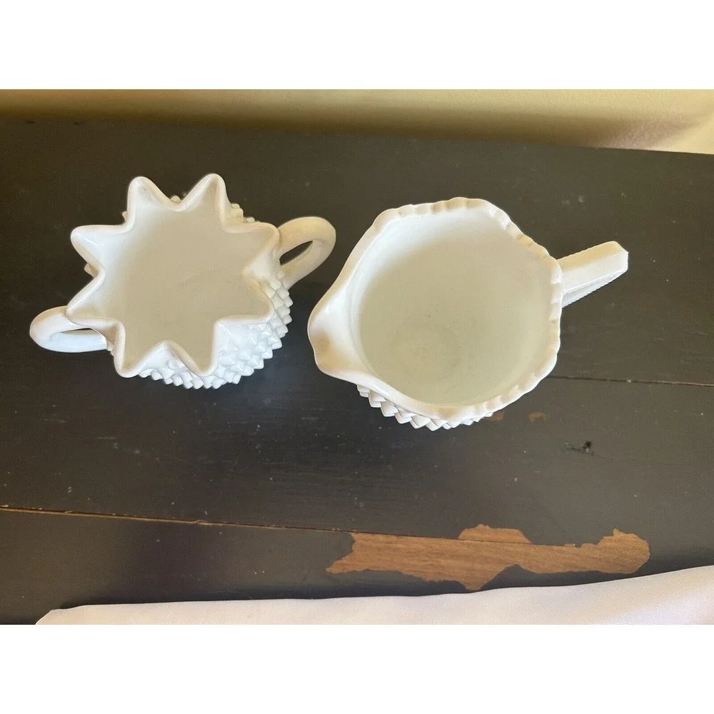 Vintage Fenton Milk Glass Hobnail Star Shaped Creamer and Sugar Bowl‎